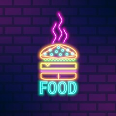 Poster - Glowing neon light signboard of fast food restaurant or cafe vector flat illustration. Sign of fresh tasty burger with colorful neon lights isolated on brick wall. Trendy decorative design