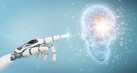 Poster - Robot hand using digital x-ray skull holographic scan projection 3D rendering