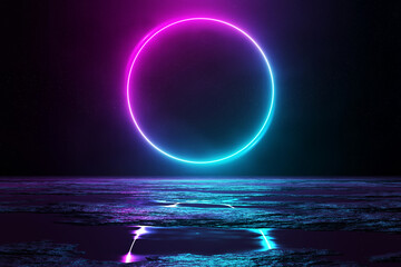 Wall Mural - Abstract background with blue and pink neon light circle reflecting in the water 3D rendering