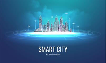 Futuristic smart city vector illustration isolated on blue background, concept of technological innovative metropolis. Skyscrapers in frame polygonal style at night in the clouds
