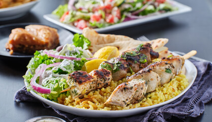 Wall Mural - greek chicken souvlaki platter with pita bread, salad and rice