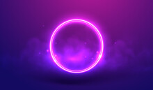 Neon Ring On A Violet Background In Fog And Star Dust Vector Illustration. Luminous Round Frame As A Visualization Of Futuristic Cyber Space. Circle In Smoke Concept For For Virtual Reality