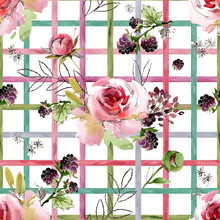 Watercolor Seamless Pattern With Rose Flowers And Forest Berryes On Checked Fabric. Check Plaid Texture. Botanical Illustration