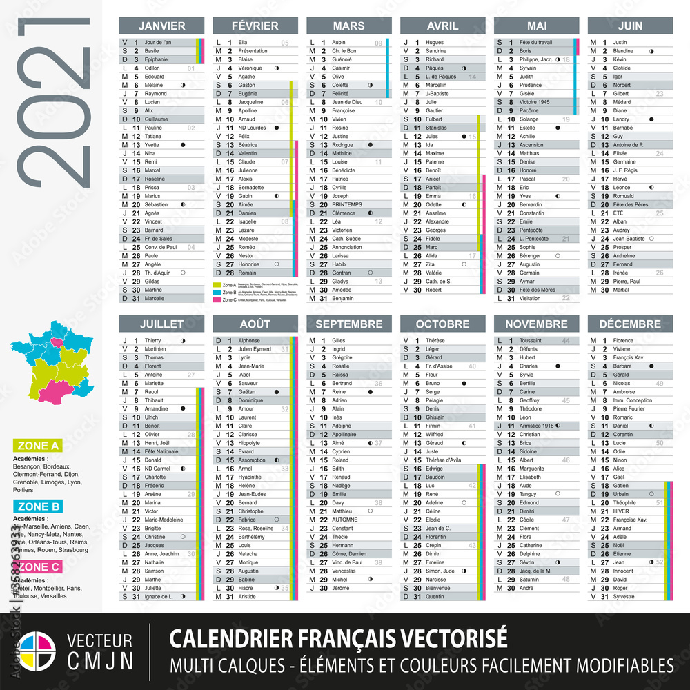 Fototapeta Calendrier français 2021 avec vacances scolaires, noms des