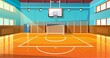 Shining basketball court with wooden floor vector illustration. Modern indoor stadium illuminated with spotlights cartoon design. Championship or tournament. Sport arena or hall for team games concept