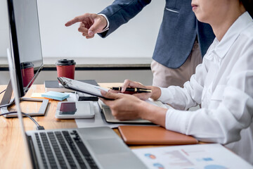 Poster - Business team partner working with computer, laptop, discussion and analyzing graph stock market trading with stock chart data planning, financial and investment concept