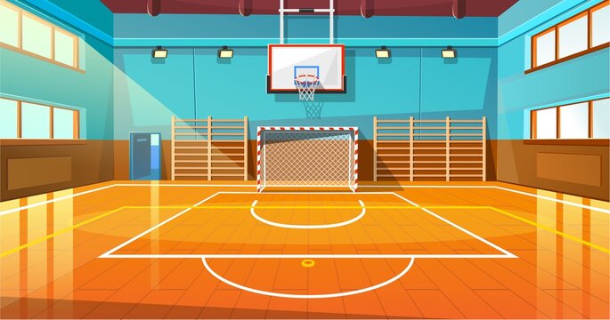 Wall Mural - Shining basketball court with wooden floor vector illustration. Modern indoor stadium illuminated with spotlights cartoon design. Championship or tournament. Sport arena or hall for team games concept