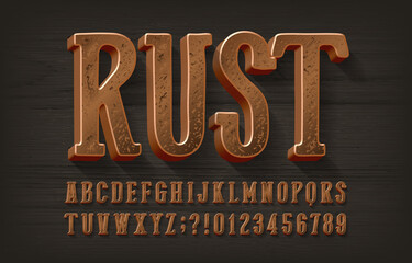 Fototapete - Rust alphabet font. 3d damaged metal letters and numbers. Dark wood background. Stock vector typescript for your design.