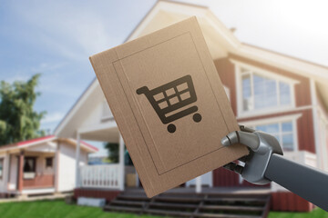 Poster - Robot holds a box with a purchase from an online store. Automatic unmanned delivery