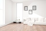 Fototapeta  - modern room with sofa,pillows,plaid,table with plants interior design. 3D illustration