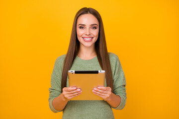 Sticker - Portrait of cheerful confident cool girl hold use tablet gadget enjoy spending time social media blogging wear good look pullover isolated over vibrant color background