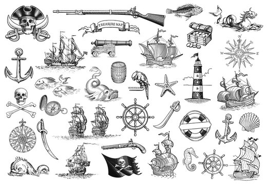 Wall Mural -  Vintage Monochrome Marine Icons Collection