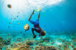 © Tropical studio - Happy family vacation. Man in snorkeling mask with camera dive underwater with tropical fishes in coral reef sea pool. Travel lifestyle, water sport outdoor adventure, swimming on summer beach holiday