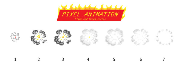Poster - Pixel art 8 bit fire objects. Game icons set. Comic boom flame effects. Bang burst explode flash dynamite with smoke. Digital icons. Animation Process steps.