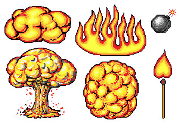 Poster - Nuclear explosion. Pixel art 8 bit fire objects. Mushroom cloud. Game icons set. Comic boom flame effects. Bang burst explode flash bubble, Dynamite Lit match. Digital icons. Vector illustration.