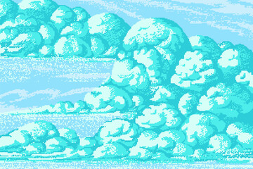 Fototapete - Pixel art clouds. 8 bit objects. Turquoise magic sky background. Retro game assets. Dreamy video arcade. Vector illustration.