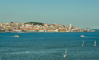 Poster - wide river with boats. river shoreline near Lisbon