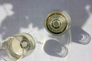  A bottle of white wine and two empty glasses on blurred green grape leaves background. Summer celebration in the garden. Selective focus. Copy space. Top view