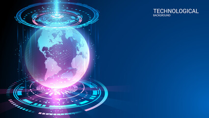 Poster - Dark blue tech vector background. Hologram of planet Earth. Global map. Science and modern innovative technologies. Futuristic software radar. Hi-tech illustration. Perspective. Energy load scale.