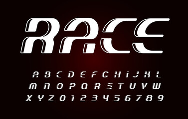 Poster - Race Letters and numbers collection. Italic bold geometric alphabet, geometrical design. Sport game vector font template on black background.