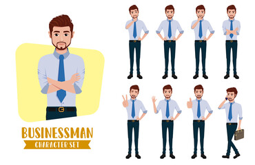 Wall Mural - Business man character vector set. Businessman male characters office employee in standing with different pose and gestures for cartoon collection design. Vector illustration.