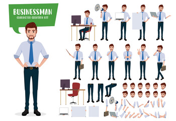 Businessman character creation vector set. Business man characters editable kit create face and hand body parts movement isolated in white background. Vector illustration.