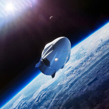 Space Vehicle Capsule Orbiting The Earth Orbit Cosmos. Preparing Of Docking Into Space Station. Elements Of This Image Furnished By NASA.