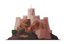 Mutrah Fort, Muscat City Architecture, Oman Country Famous Landmark, Medieval Historical Building Flat Vector Illustration