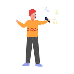 Sticker - Boy Singing with Microphone, Talented Teenager Character Performing in Concert, Singing Karaoke Vector Illustration