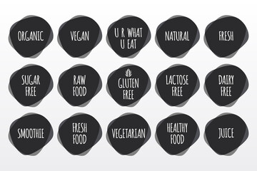 Wall Mural - Organic, Vegan, Gluten, Sugar, Dairy, Lactose Free, Natural, Fresh, Raw, Healthy Food, Smoothie, Juice, Vegetarian icons. Vector set for design, menu, product sticker, label, symbol