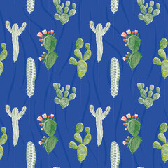 Wall Mural - Creative seamless illustration balloons in form of various succulent cactus on the blue background. Design fabric pattern, trendy wallpaper.