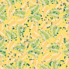 Wall Mural - Seamless vector illustration fern leaves on the yellow background. Design fabric pattern, trendy abstract floral palm leaves wallpaper.