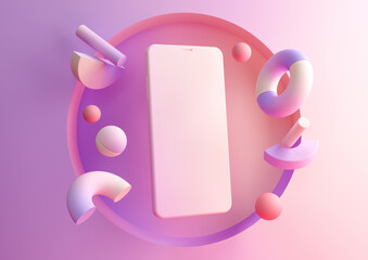 Wall Mural - 3d render abstract pink and purple gradient composition. Flying geometric objects and smartphone. Device screen on modern minimal background for presentation or application design show. 