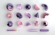Leinwandbild Motiv Set of realistic 3d geometric shapes on white background. Purple and pink gemstones and violet metallic elements. Spheres, hexagons, cones, tubes, torus elements in transparent gradient design. 