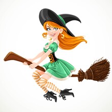 Cute Redheaded Witch In Green Dress Flying On A Broom Isolated On A White Background