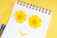Notebook On A Spiral. Creative Concept Of A Smiley Face. A Smile Is Drawn On The Page With A Yellow Marker. Two Yellow Daisies As Eyes.