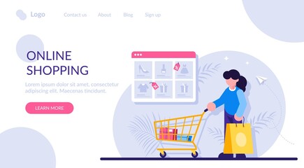 Poster - Online shopping concept. Woman with a package and a trolley from the supermarket in the background of the browser window with a catalog of goods. Modern flat illustration.