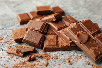 Tasty chocolate on gray background. Sweet food