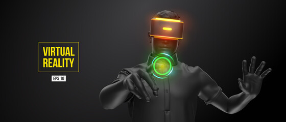 Wall Mural - vr headset, technology. 3d of the man, wearing virtual reality glasses on black background. vr games
