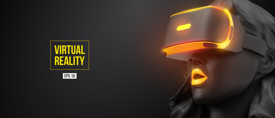 Wall Mural - vr headset, online shopping. woman, wearing virtual reality glasses on black background. woman buys 