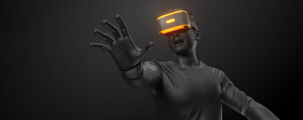 Wall Mural - vr headset, technology. 3d render of the man, wearing virtual reality glasses on black background. v