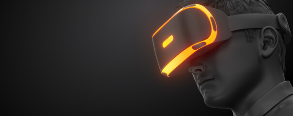 Wall Mural - vr headset, technology. 3d render of the man, wearing virtual reality glasses on black background. v