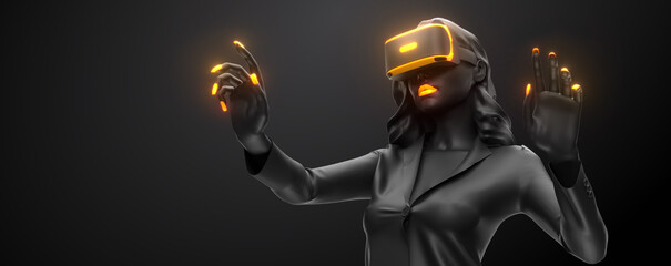 Wall Mural - vr headset, online shopping. 3d render of the woman, wearing virtual reality glasses on black backgr