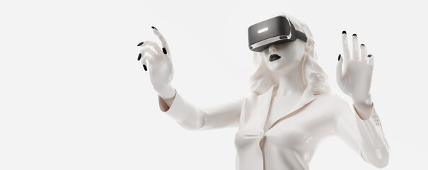 Wall Mural - vr headset, online shopping. 3d render of the woman, wearing virtual reality glasses on white backgr
