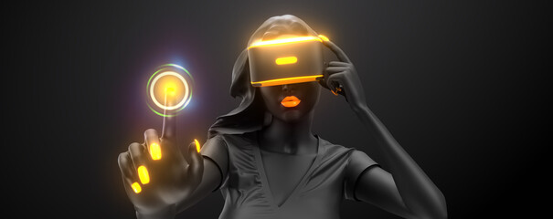Wall Mural - vr headset, online shopping. 3d render of the woman, wearing virtual reality glasses on black backgr