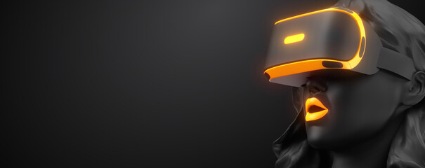 Wall Mural - vr headset, online shopping. 3d render of the woman, wearing virtual reality glasses on black backgr