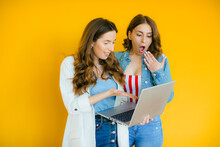 Portrait Of Two Shocked Young Blackhead Girls Pointing Finger At Laptop Computer Isolated Over Yellow Background