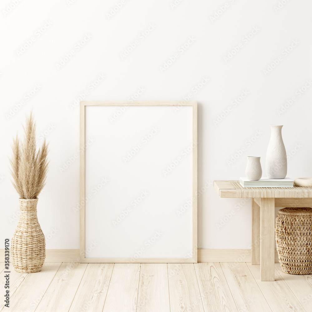 Mock up frame in home interior background, white room with natural wooden furniture, Scandi-Boho style, 3d render - obrazy, fototapety, plakaty 
