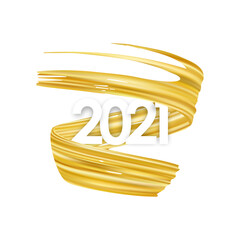 Wall Mural - Happy New Year. Number of 2021 with twisted gold colored paint stroke shape.