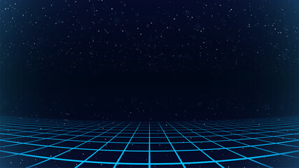 Wall Mural - synthwave background. dark retro futuristic backdrop with blue perspective grid and sky full of star